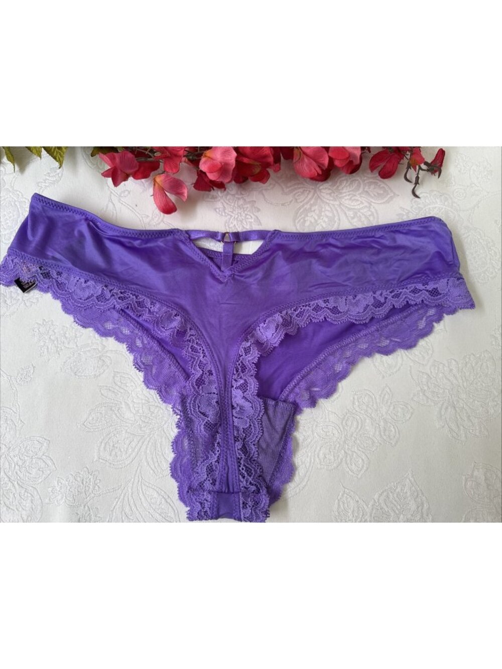 VICTORIA'S SECRET M PURPLE SILKY STRAPPY CHARM BACK THONG STRING PANTIES NWT
